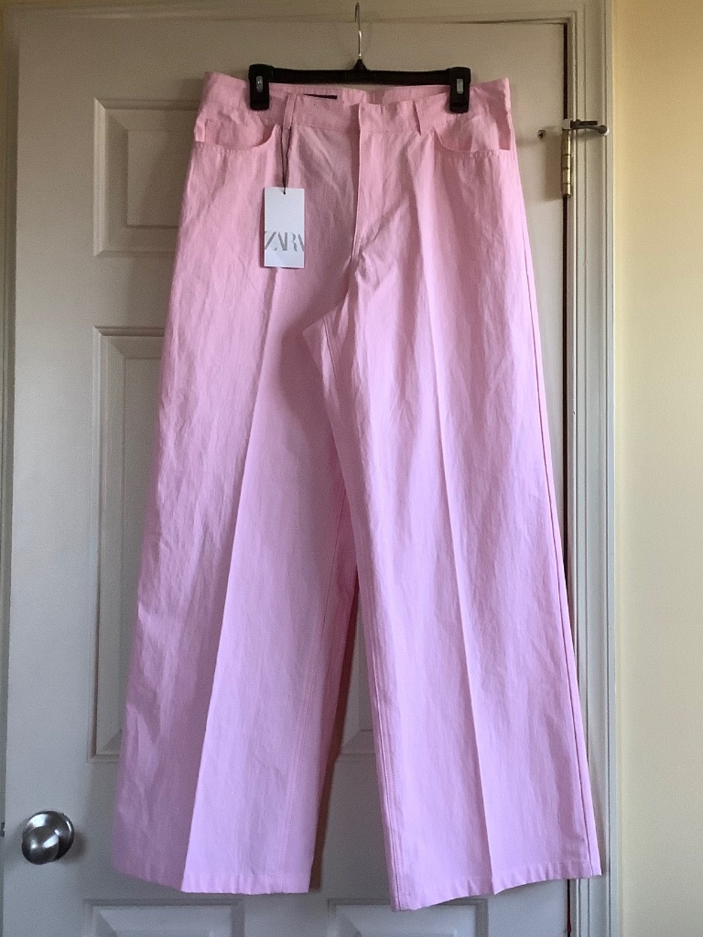 ZARA Wide Leg High Rise 100% Cotton Pants Trousers Light Pink SZ M